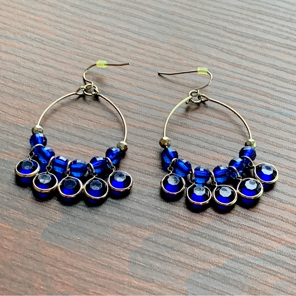 Blue Gemstone Chandelier Hoop Silver Tone Wire Dangle Earrings Vintage Y2K Boho